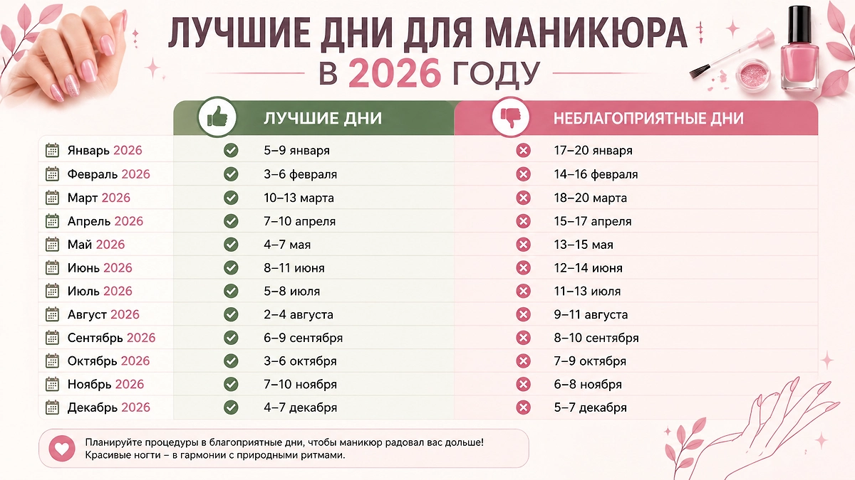 Полный лунный календарь на 2026 год по уходу за собой: благоприятные даты для маникюра и педикюра по месяцам. Фото © ChatGPT