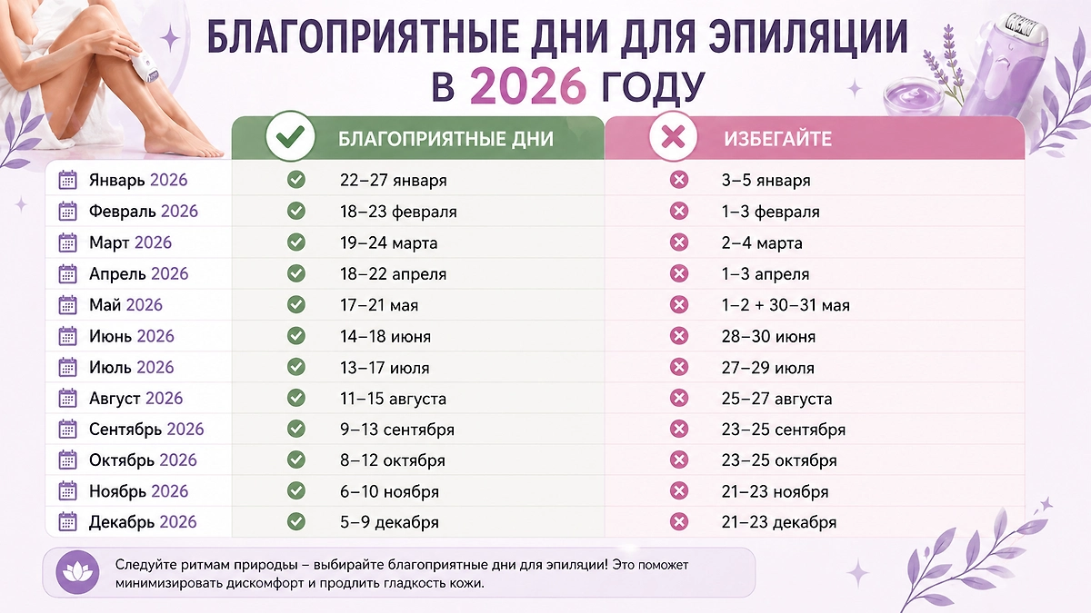 Полный лунный календарь по уходу за собой на 2026 год: список благоприятных и нежелательных дат для удаления волос на теле. Фото © ChatGPT
