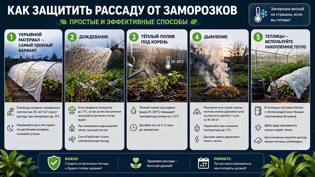 Защита рассады от заморозков 2026: спанбонд, дымление, дождевание, укрытие от заморозков. Фото © GPTChat / Софья Кузнецова
