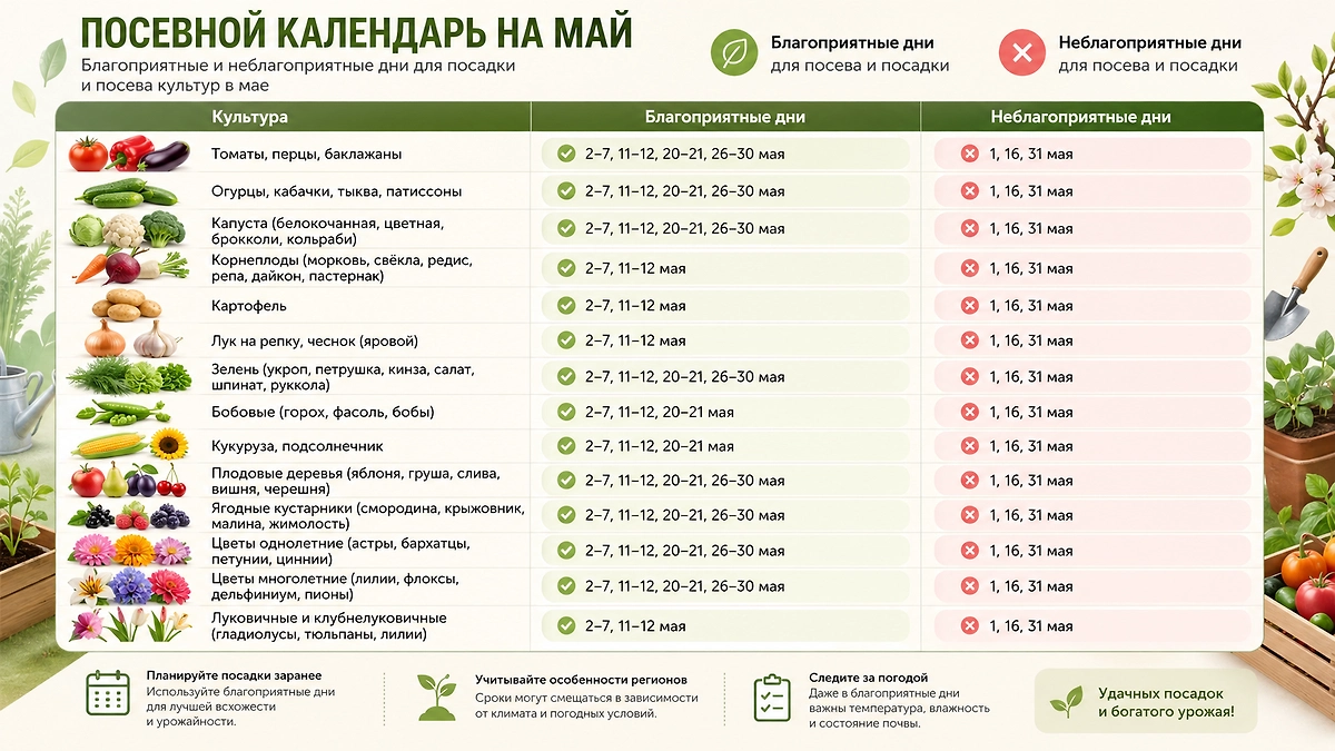 Лунный посевной календарь на май 2026: благоприятные дни для посадки всех культур. Фото © GPTChat / Софья Кузнецова