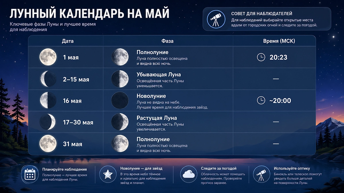 Фазы Луны, май 2026: как работает лунный календарь и как им пользоваться для посадки рассады? Фото © GPTChat / Софья Кузнецова 