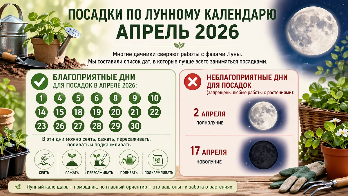 Лунный календарь садовода на апрель 2026: благоприятные даты для посадок в конце апреля. Фото © ChatGPT 