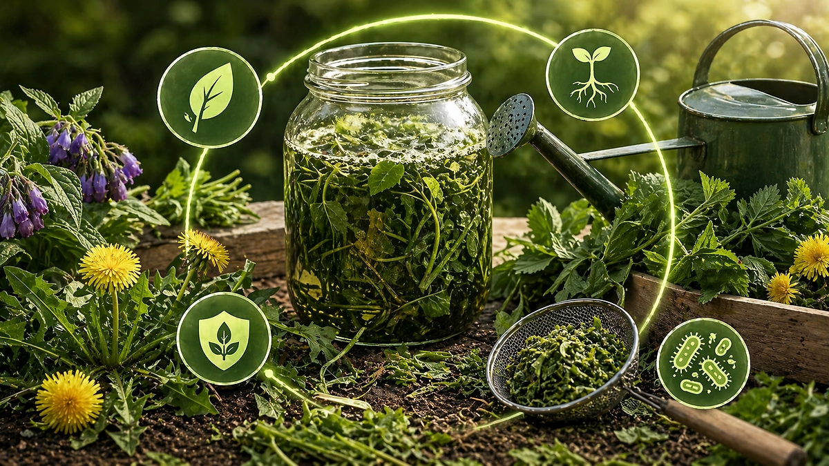 Как сделать удобрение из сорняков и чем оно полезно? Подробный гид по лучшей органической подкормке. Фото © ChatGPT / Софья Кузнецова