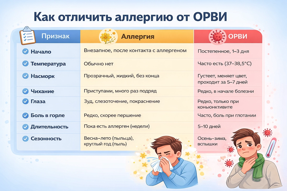 Как отличить аллергию от ОРВИ? Подробная таблица симптомов от Life.ru! © GPTChat / Софья Кузнецова
