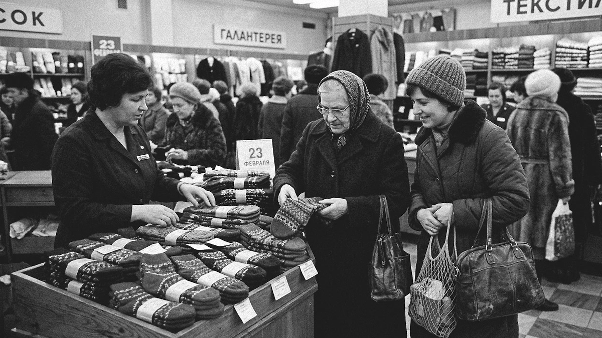 Прибалтийские носки сметали с прилавков — их считали лучшим презентом на мужской праздник.Фото ©&nbsp;Nano Banana AI