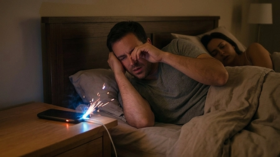 Чем опасна зарядка телефона рядом с кроватью ночью. Фото ©&nbsp;Nano Banana AI