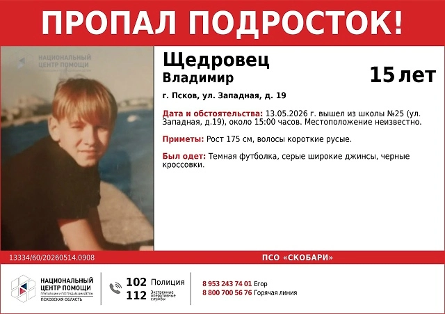В Пскове пропал 15-летний подросток. Фото © VK / Национальный центр помощи Псковская область