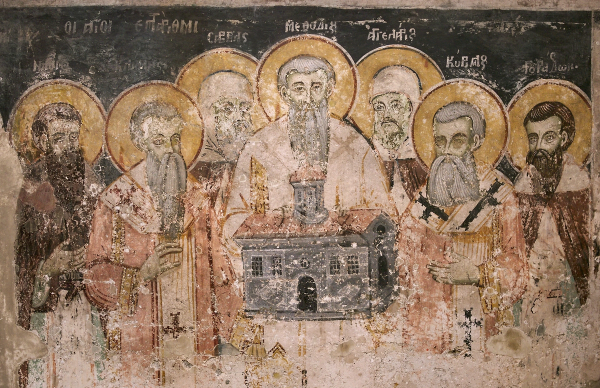 Святые Кирилл и Мефодий с учениками. Фреска монастыря «Святой Наум». Фото © Wikipedia / Petar Milošević