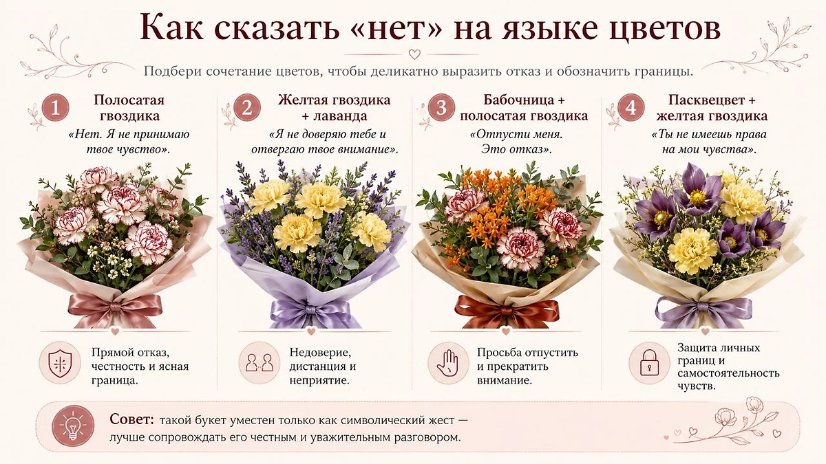 Как сказать «нет» с помощью букета? Собираем букет для холодного отказа. Фото © ChatGPT 