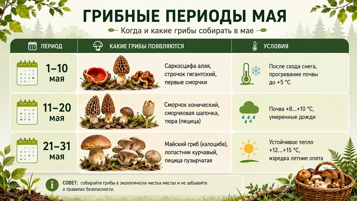Какие грибы растут в мае? Подробная таблица с датами и названиями. Фото © СhatGPT