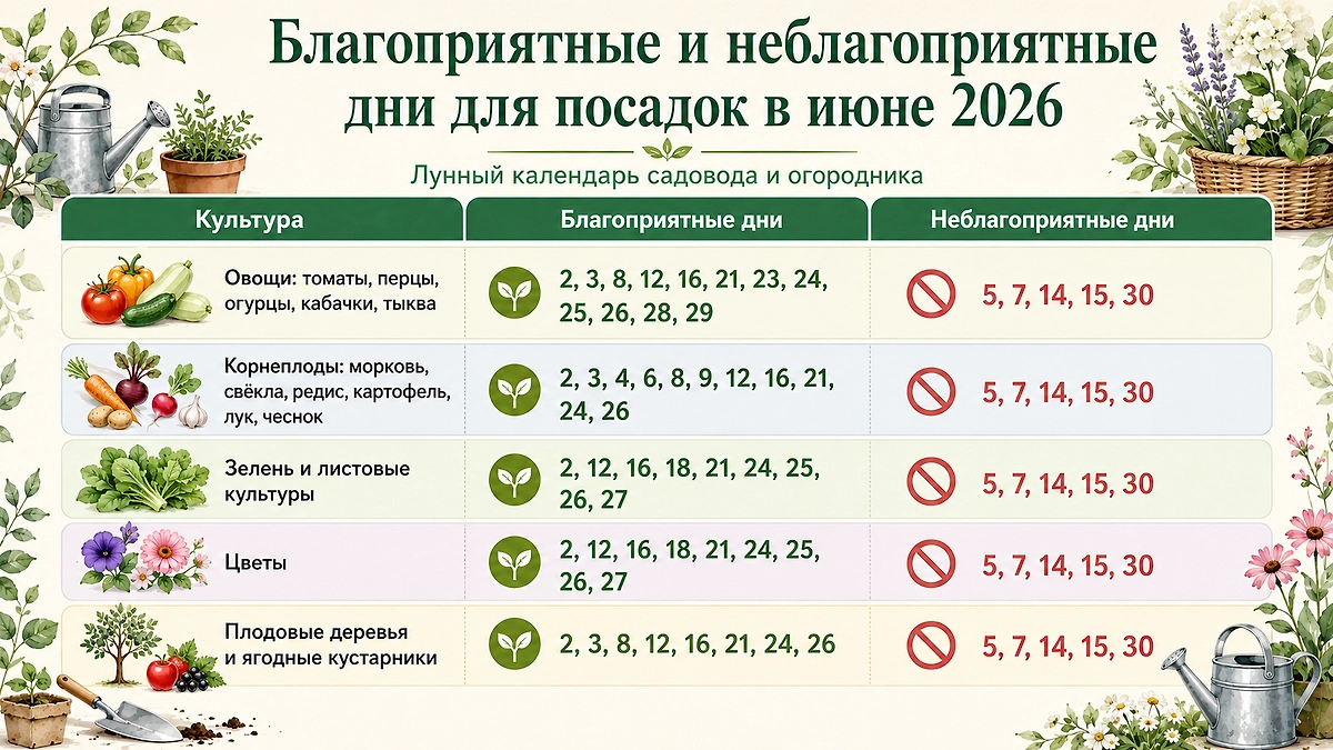 Благоприятные дни для посадок в июне 2026 года по лунному календарю. Фото © ChatGPT / Софья Кузнецова