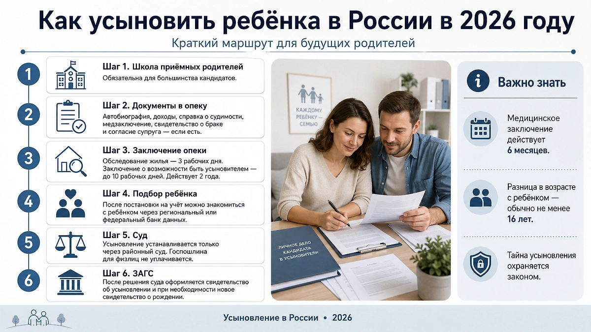 Как проходит процедура усыновления: пошаговый маршрут. Инфографика © DALL-E / Life.ru