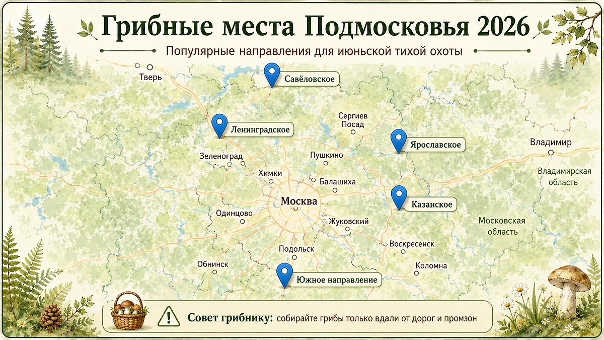 Грибные места в Подмосковье в июне 2026: где собирать грибы в первый месяц лета? Фото © ChatGPT / Софья Кузнецова
