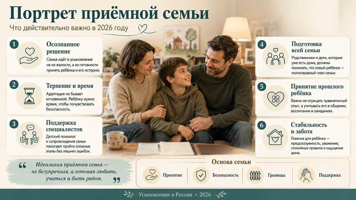 Усыновление — это не «взять ребёнка», а стать семьёй юридически и по-настоящему. Инфографика © DALL-E / Life.ru