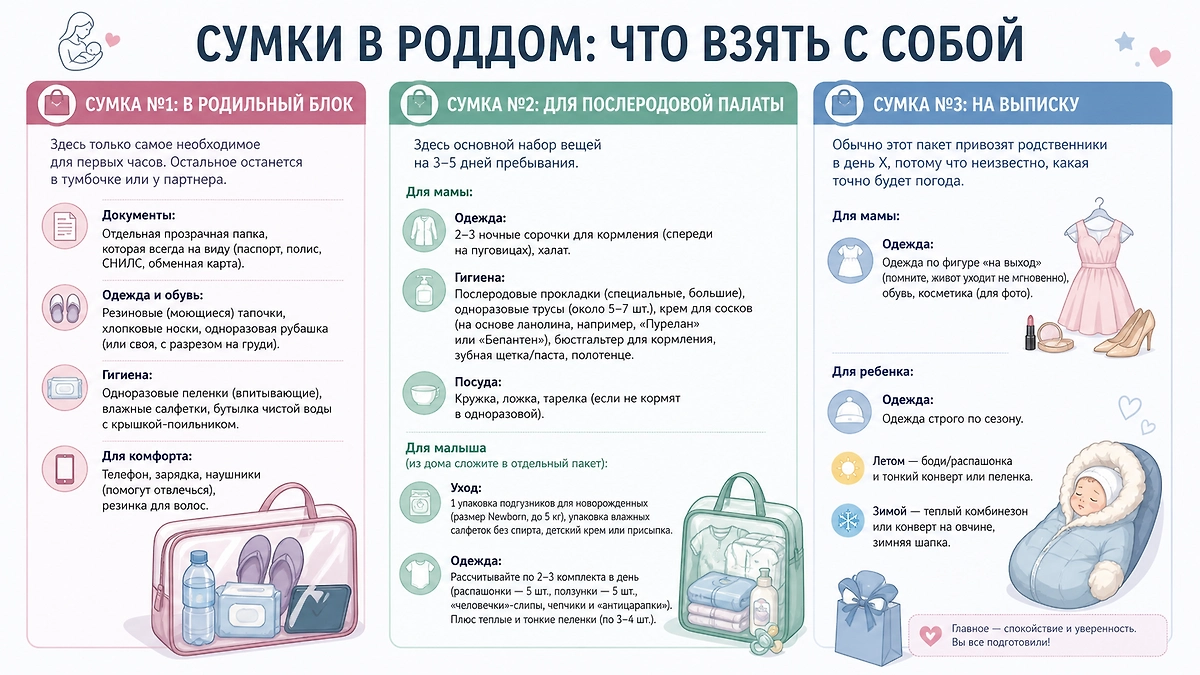 Чек-лист при родах: что брать в роддом? Что такое правило «трёх сумок»? Фото © GPTChat / Софья Кузнецова