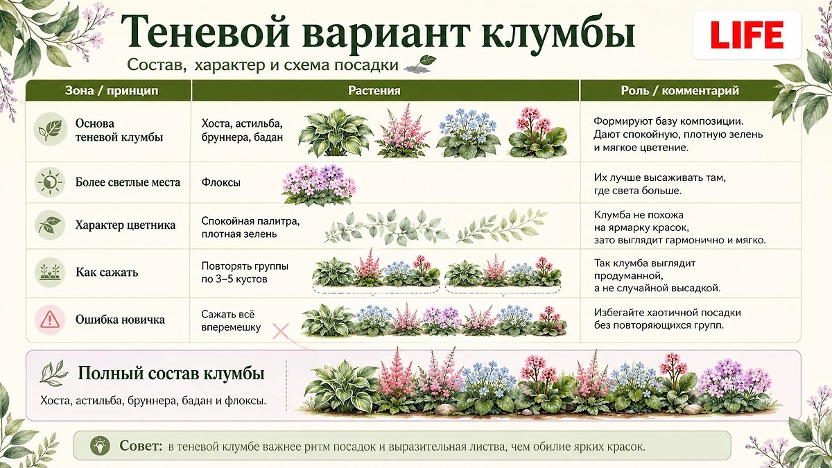 Как на даче сделать клумбу из многолетников: теневой вариант. Фото © Chat GPT / Софья Кузнецова