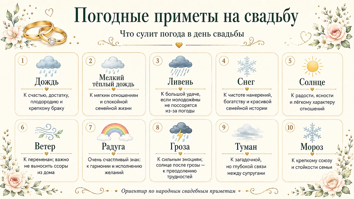 Погодные приметы на свадьбу 2026: что сулит погода по народным приметам? Фото © ChatGPT / Софья Кузнецова