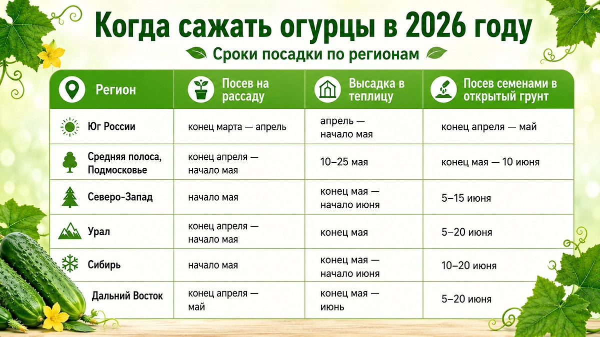 Когда сажать огурцы в 2026 году: сроки посадки по регионам на рассаду, высадки в теплицу и открытый грунт. Фото © ChatGPT / Софья Кузнецова