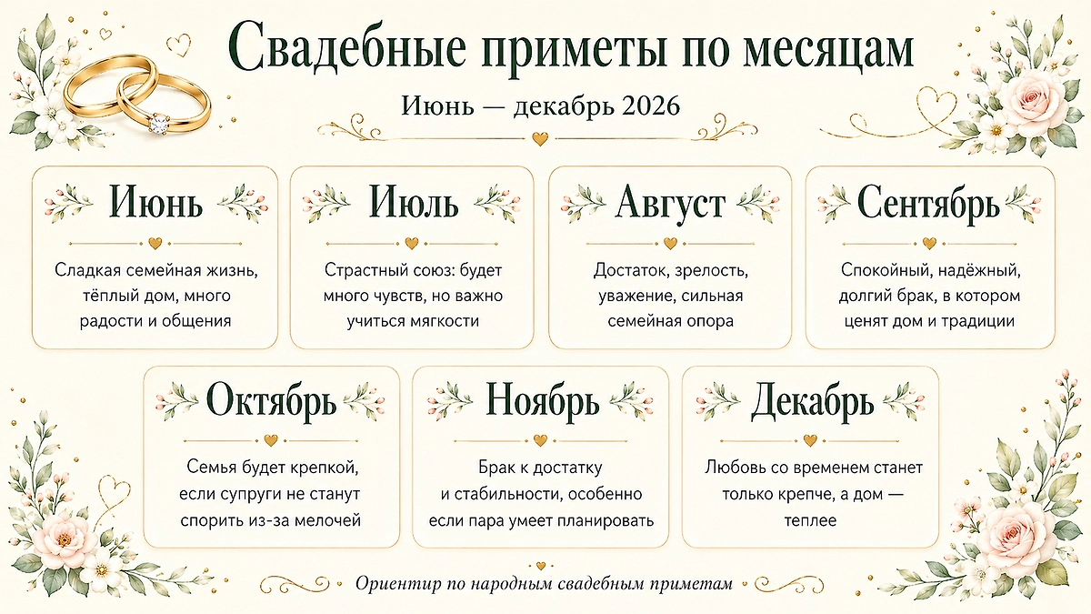 Свадебные приметы 2026: полный гид по приметам на месяц свадьбы. Фото © ChatGPT / Софья Кузнецова