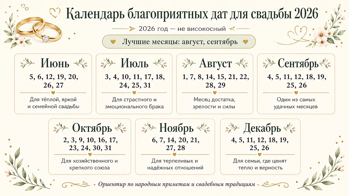 Календарь благоприятных дат для свадьбы в 2026 году. Фото © ChatGPT / Софья Кузнецова