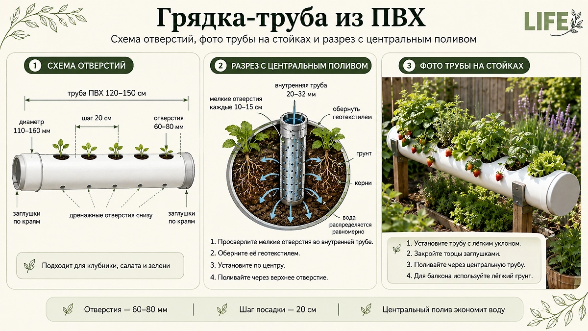 Вертикальные грядки 2026: как своими руками сделать грядку-трубу из ПВХ? Фото © ChatGPT / Софья Кузнецова