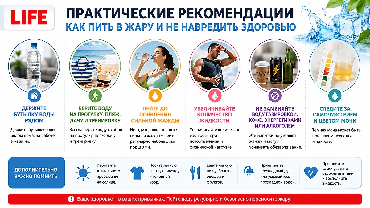 Как правильно пить воду в жару: режим питья, который не навредит вашему здоровью. Фото © ChatGPT / Софья Кузнецова