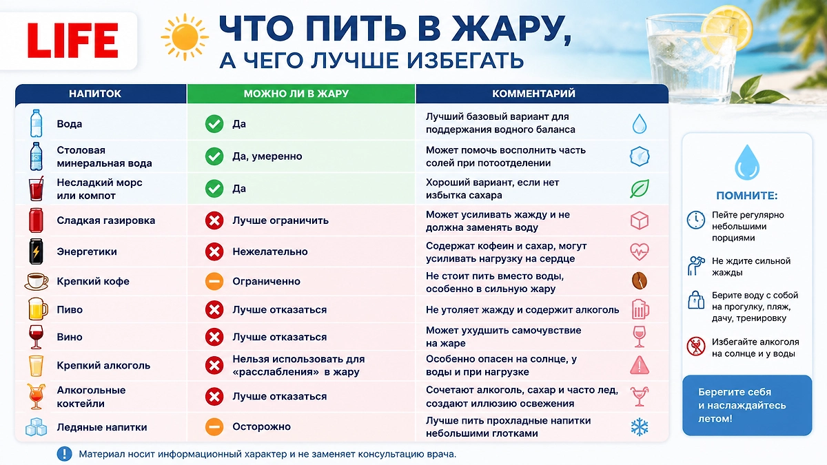 Какие напитки нельзя пить на жаре и почему алкоголь особенно опасен летом? Фото © ChatGPT / Софья Кузнецова 