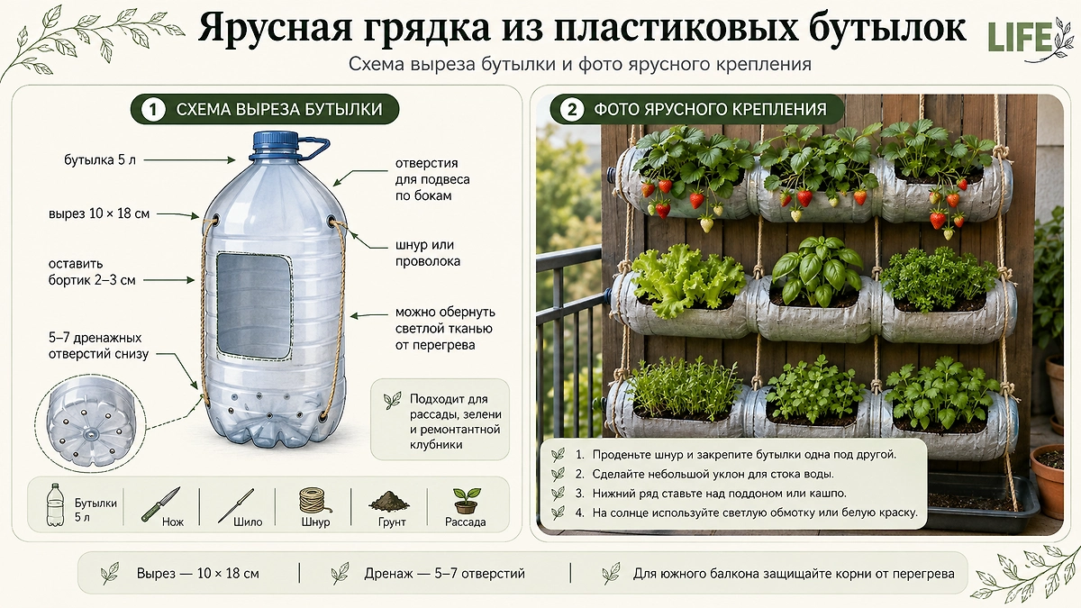 Как сделать ярусную грядку из пластиковых бутылок: 5 лучших конструкций для вертикальной грядки. Фото © ChatGPT / Софья Кузнецова