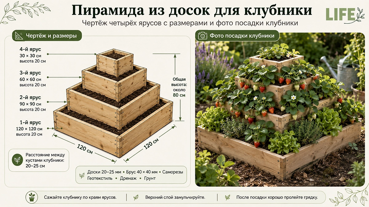 Вертикальные грядки своими руками: как собрать пирамиду из досок для клубники. Фото © ChatGPT / Софья Кузнецова