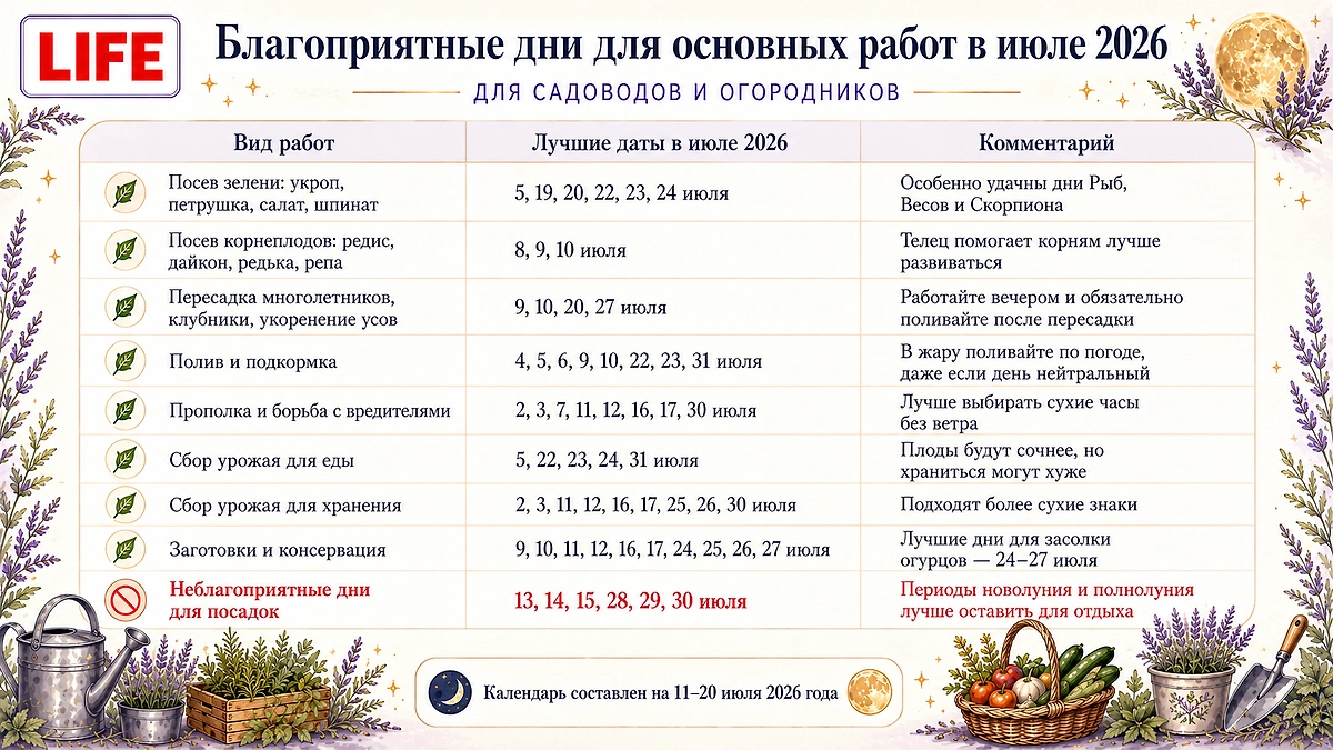 Лунный календарь садовода на июль 2026: благоприятные дни для посадок, полива и сбора урожая. Фото © ChatGPT / Софья Кузнецова