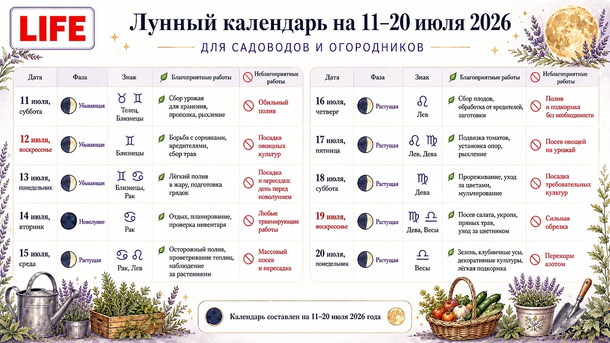 Лунный календарь на каждый день июля 2026: удобная таблица садовых и огородных работ. Фото © ChatGPT / Софья Кузнецова