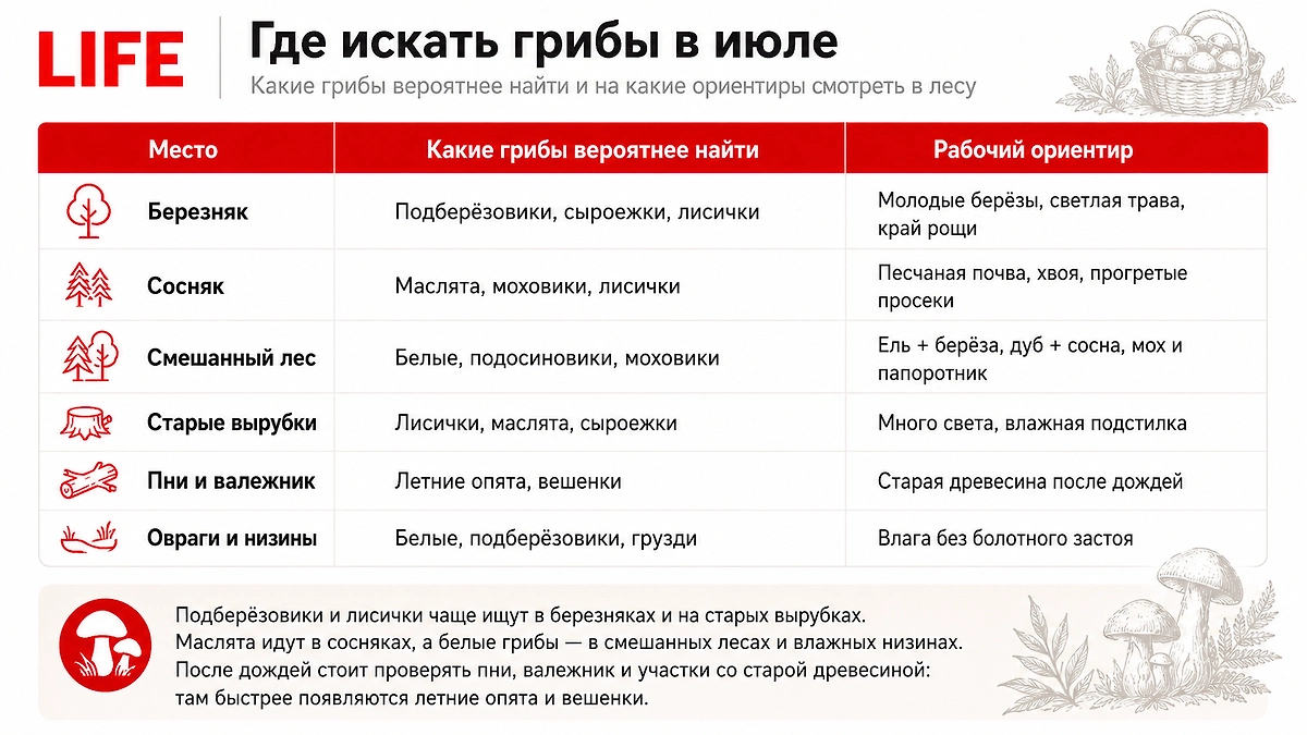 Какие грибы собирают в июле 2026: подробная таблица по местам и видам грибов. Фото © ChatGPT / Софья Кузнецова