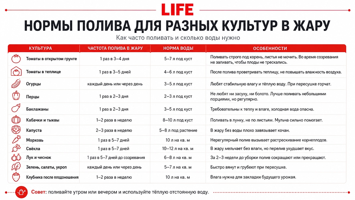 Нормы полива для разных культур: как часто поливать и сколько воды нужно. Фото GPTChat / Софья Кузнецова 