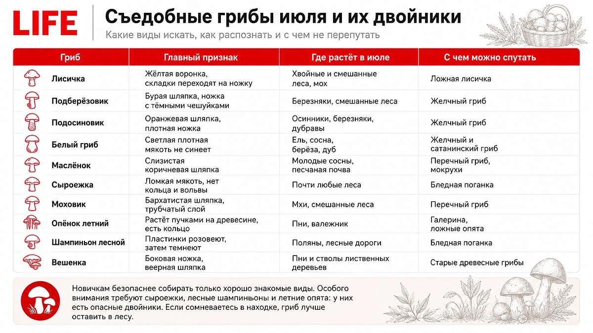 Топ-10 грибов июля 2026: какие виды грибов собирать в июле и как не наткнуться на опасного двойника? Фото © ChatGPT / Софья Кузнецова 