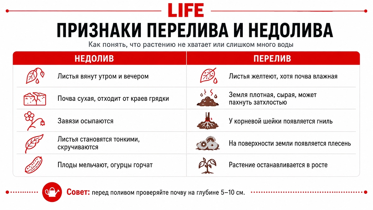 Как понять, что грядки пора поливать? Признаки перелива и недолива. 
