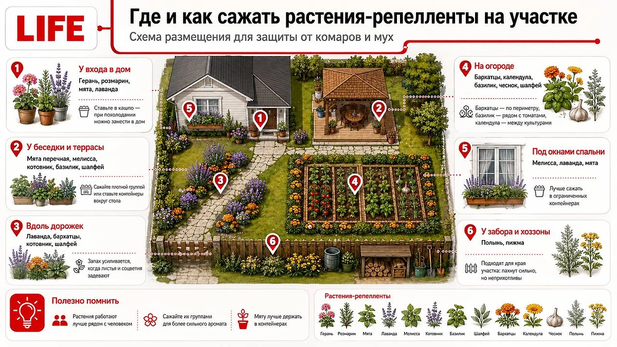 Где и как сажать растения-репелленты? Подробный гид по защите от насекомых в 2026 году. Фото © ChatGPT / Софья Кузнецова