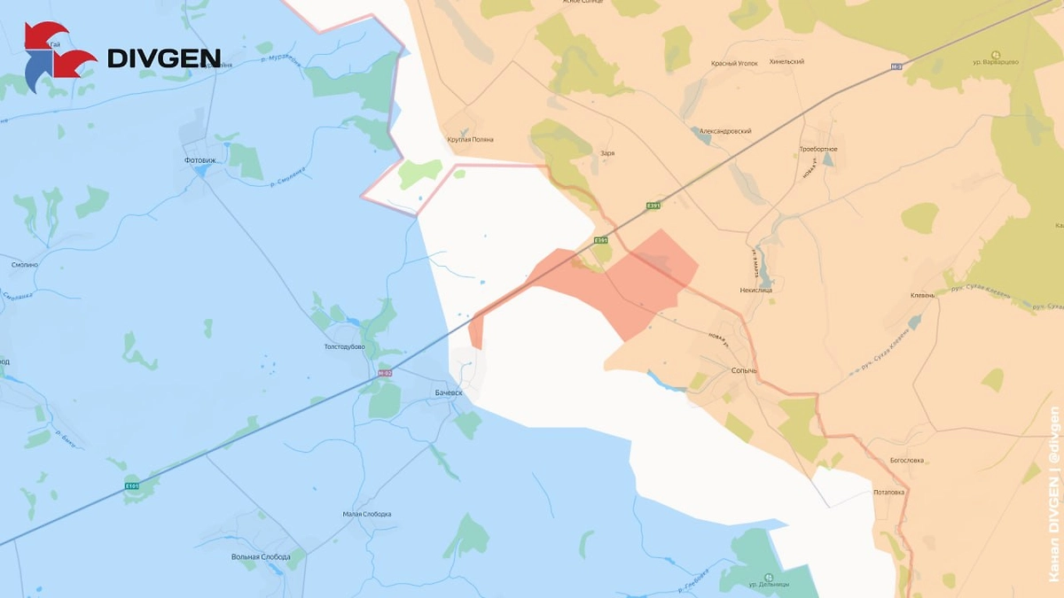 Карта СВО на 3 июня 2026 года. ВС РФ зашли в Бачевск. Фото © Telegram / DIVGEN 🚩 Карта СВО