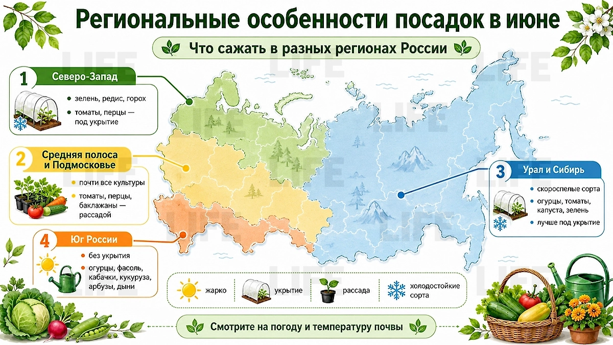 Что сажать в июне 2026: региональные особенности посадок в июне. Фото © ChatGPT / Софья Кузнецова
