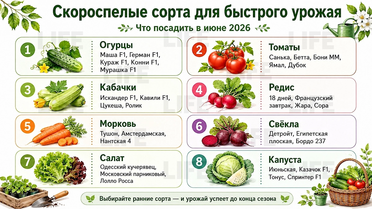 Что посадить в июне 2026: список скороспелых сортов самых популярных культур. Фото © ChatGPT / Софья Кузнецова 