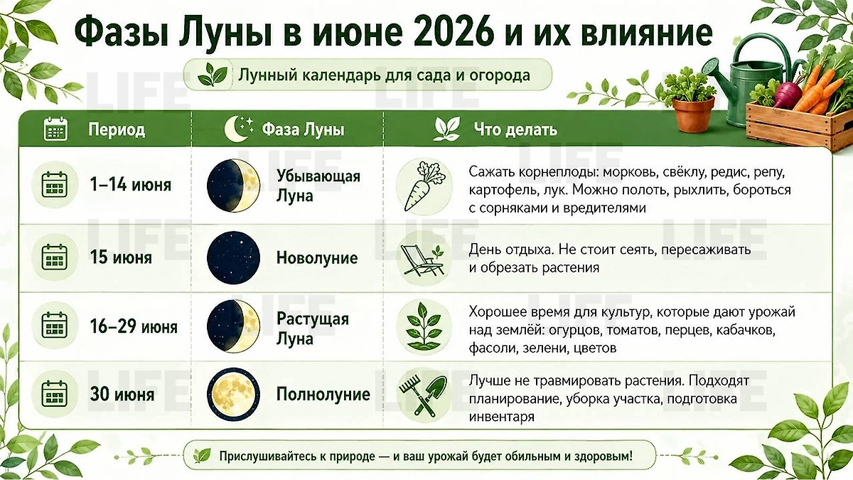 Лунный посевной календарь для дачника на июнь 2026: фазы Луны в первый месяц лета. Фото © ChatGPT / Софья Кузнецова 