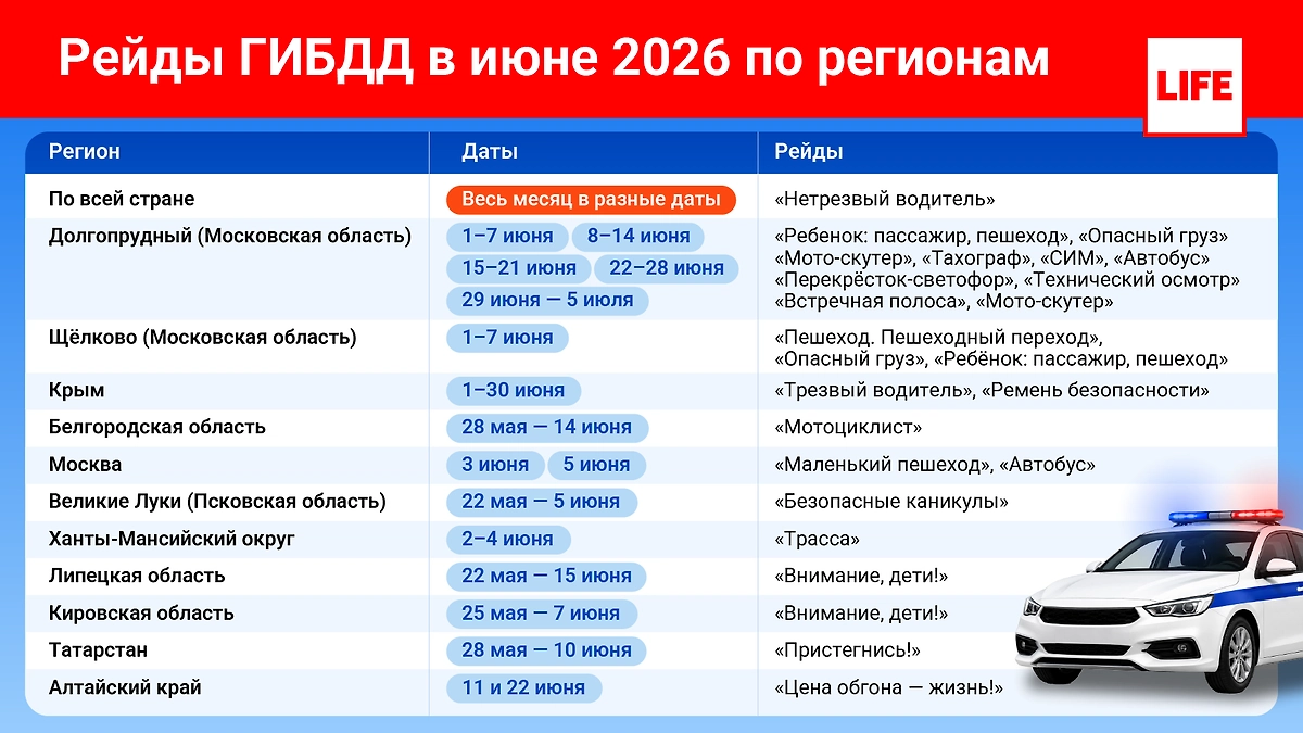 Рейды ГИБДД по регионам в июне 2026 года. Инфографика ©&nbsp;Life.ru