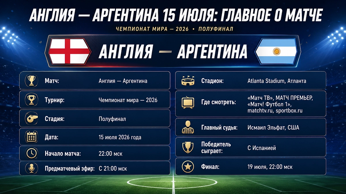 Инфографика матча Англия — Аргентина 15 июля 2026 года: время начала, стадион, трансляция, судья и дата финала ЧМ-2026 © Life.ru
