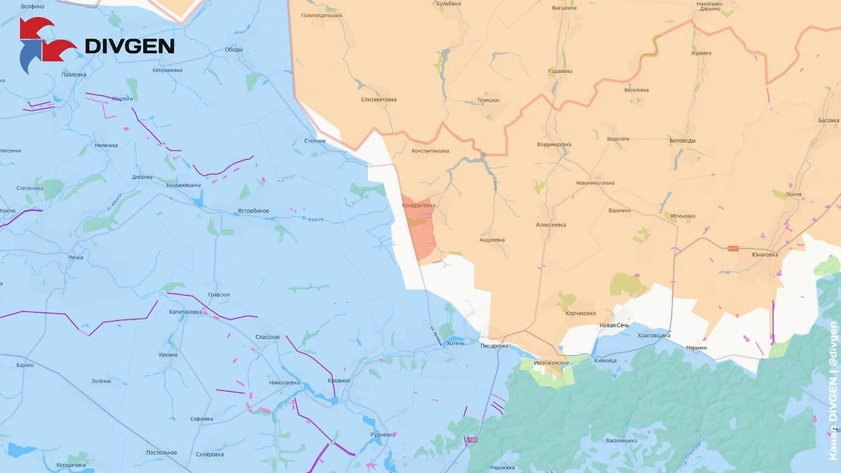 Карта СВО на 17 июля 2026 года. ВС РФ ведут бои в Кондратовке и Уланове. Фото © Telegram / divgen