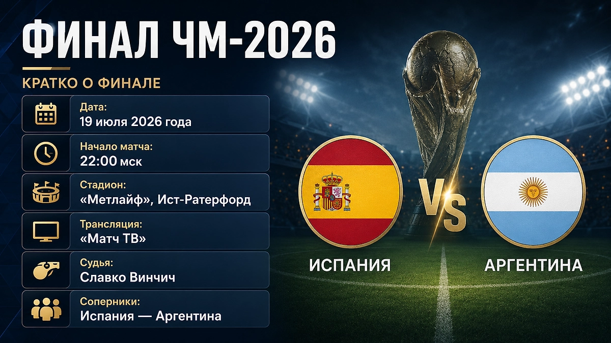 Испания и Аргентина сыграют в финале ЧМ-2026 19 июля на стадионе «Метлайф» в Ист-Ратерфорде. Начало матча — в 22:00 мск. Инфографика © Life.ru