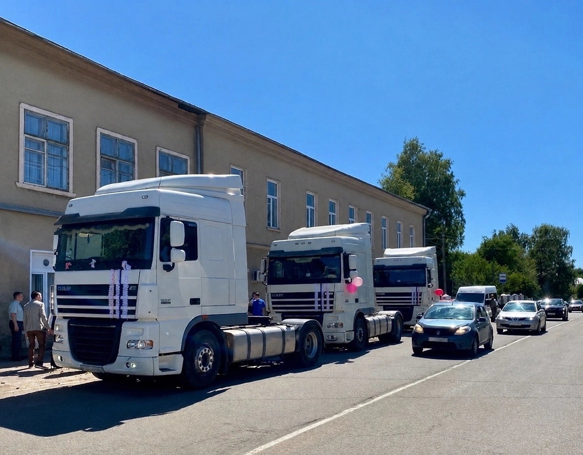 В Галиче молодожены приехали в ЗАГС на кортеже из трёх тягачей DAF. Обложка © VK / Управление ЗАГС Костромской области
