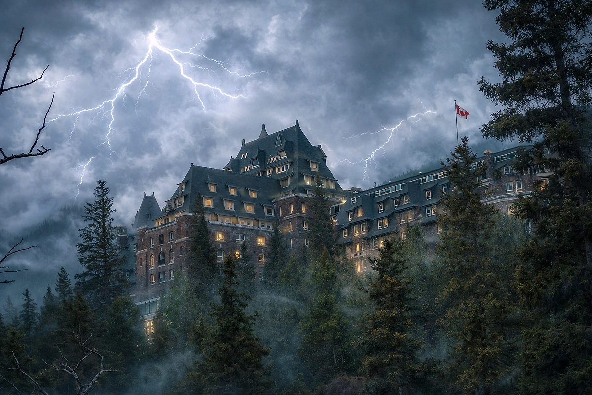 Мистический отель Banff Springs, окружённый легендами о призраках: замурованный номер, призрак невесты и 100 исчезнувших гостей. Коллаж © Life.ru. Обложка © Shutterstock / FOTODOM / Pascal Huot, © ИИ-иллюстрация: создано редакцией Life.ru с использованием ChatGPT (OpenAI)