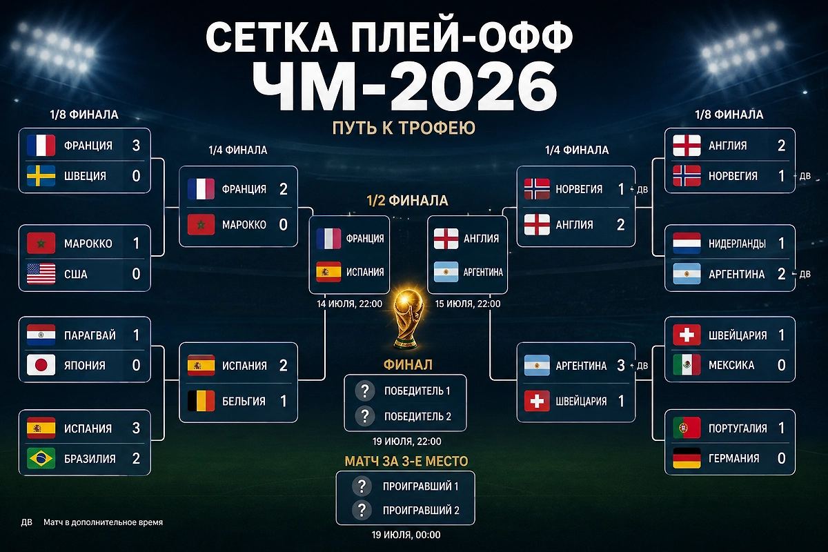 Сетка плей-офф чемпионата мира 2026 года с результатами матчей, полуфиналами Франция — Испания и Англия — Аргентина, матчем за третье место и финалом. Инфографика © Life.ru