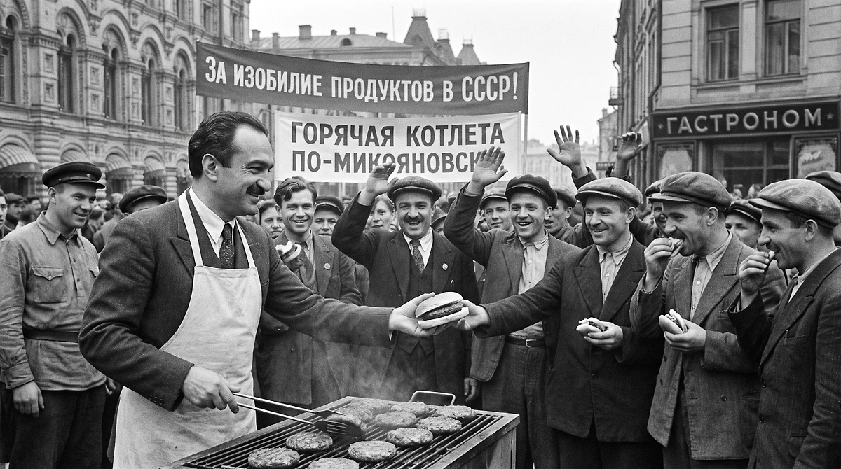 Микояновская котлета: советский аналог гамбургера 1930-х годов. ИИ-иллюстрация: создано редакцией Life.ru с использованием Nano Banana AI