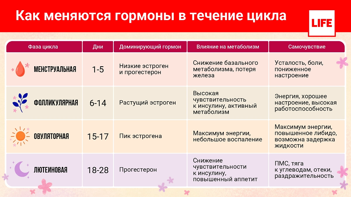 Фазы женского цикла: как меняются гормоны на протяжении всего месяца? Инфографика © Life.ru 
