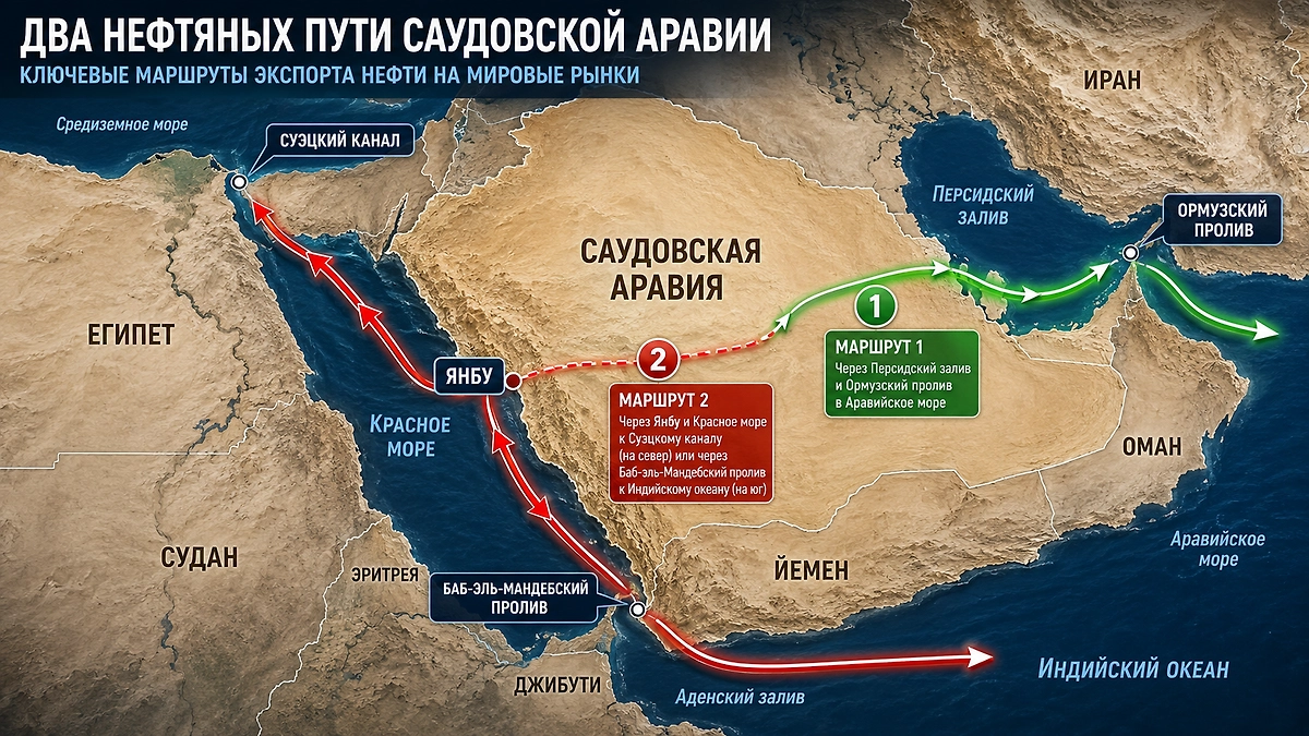 Два основных маршрута экспорта саудовской нефти: через Ормузский пролив и через порт Янбу в Красном море. Поставки из Янбу могут идти на север к Суэцкому каналу или на юг через Баб-эль-Мандеб. Инфографика © Life.ru